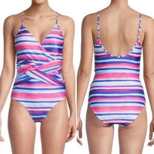 {M} Catherine Malandrino Striped Printed One Piece Swimsuit Pink Blue White